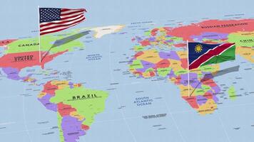 Namibia y unido estados bandera ondulación con el mundo mapa, sin costura lazo en viento, 3d representación video