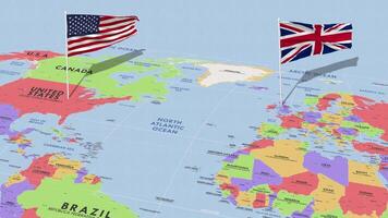 Unidos reino e Unidos estados bandeira acenando com a mundo mapa, desatado ciclo dentro vento, 3d Renderização video