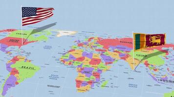 sri lanka y unido estados bandera ondulación con el mundo mapa, sin costura lazo en viento, 3d representación video