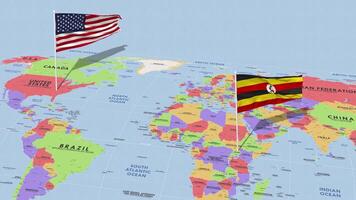 Uganda e Unidos estados bandeira acenando com a mundo mapa, desatado ciclo dentro vento, 3d Renderização video