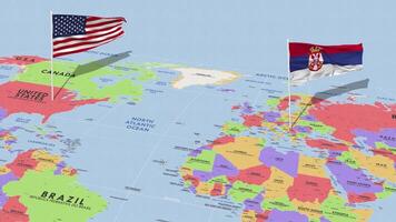 Serbia and United States Flag Waving with The World Map, Seamless Loop in Wind, 3D Rendering video