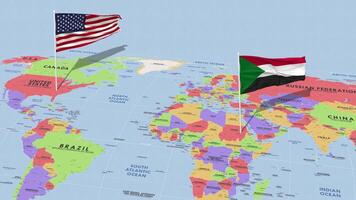 Sudão e Unidos estados bandeira acenando com a mundo mapa, desatado ciclo dentro vento, 3d Renderização video