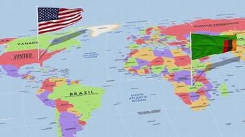 Zâmbia e Unidos estados bandeira acenando com a mundo mapa, desatado ciclo dentro vento, 3d Renderização video