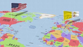 Vaticano cidade e Unidos estados bandeira acenando com a mundo mapa, desatado ciclo dentro vento, 3d Renderização video