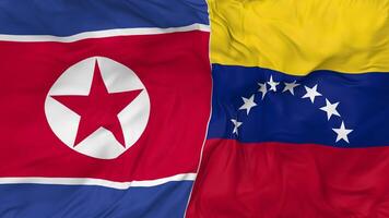 norte Corea y bolivariano república de Venezuela banderas juntos sin costura bucle fondo, serpenteado bache textura paño ondulación lento movimiento, 3d representación video