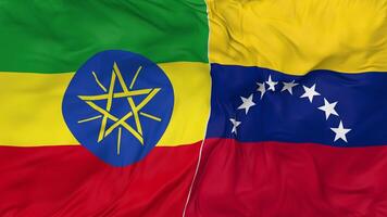 Etiopía y bolivariano república de Venezuela banderas juntos sin costura bucle fondo, serpenteado bache textura paño ondulación lento movimiento, 3d representación video