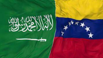 ksa, rike av saudi arabien och bolivariska republik av venezuela flaggor tillsammans sömlös looping bakgrund, looped stöta textur trasa vinka långsam rörelse, 3d tolkning video