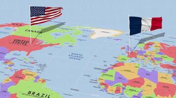 Francia y unido estados bandera ondulación con el mundo mapa, sin costura lazo en viento, 3d representación video