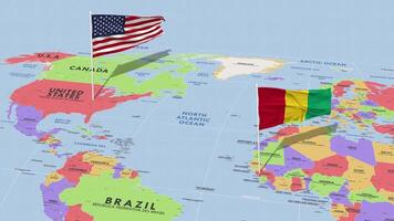 Guinea y unido estados bandera ondulación con el mundo mapa, sin costura lazo en viento, 3d representación video