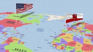 Gibraltar e Unidos estados bandeira acenando com a mundo mapa, desatado ciclo dentro vento, 3d Renderização video