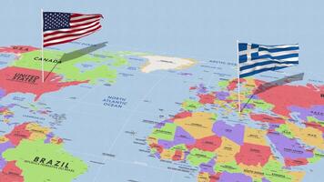 Greece and United States Flag Waving with The World Map, Seamless Loop in Wind, 3D Rendering video