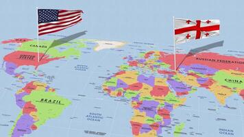 Georgia y unido estados bandera ondulación con el mundo mapa, sin costura lazo en viento, 3d representación video