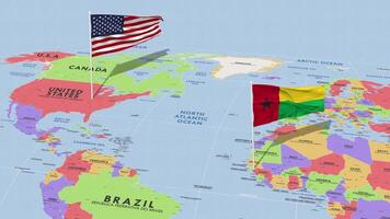 Guinea Bissau y unido estados bandera ondulación con el mundo mapa, sin costura lazo en viento, 3d representación video