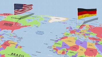 Alemanha e Unidos estados bandeira acenando com a mundo mapa, desatado ciclo dentro vento, 3d Renderização video