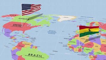 Ghana e unito stati bandiera agitando con il mondo carta geografica, senza soluzione di continuità ciclo continuo nel vento, 3d interpretazione video