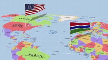Gambia and United States Flag Waving with The World Map, Seamless Loop in Wind, 3D Rendering video