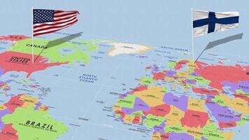 Finlandia y unido estados bandera ondulación con el mundo mapa, sin costura lazo en viento, 3d representación video