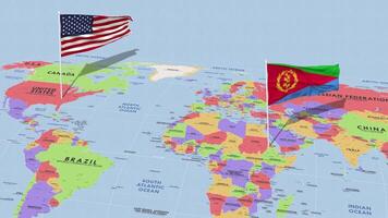 eritreia e Unidos estados bandeira acenando com a mundo mapa, desatado ciclo dentro vento, 3d Renderização video