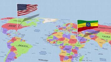 Etiópia e Unidos estados bandeira acenando com a mundo mapa, desatado ciclo dentro vento, 3d Renderização video