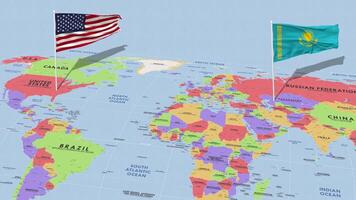 Kazajstán y unido estados bandera ondulación con el mundo mapa, sin costura lazo en viento, 3d representación video