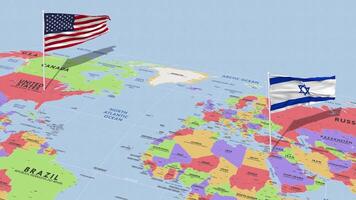 Israel y unido estados bandera ondulación con el mundo mapa, sin costura lazo en viento, 3d representación video