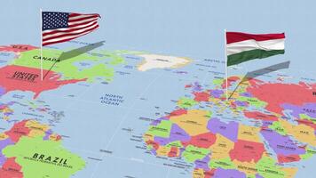 Hungría y unido estados bandera ondulación con el mundo mapa, sin costura lazo en viento, 3d representación video