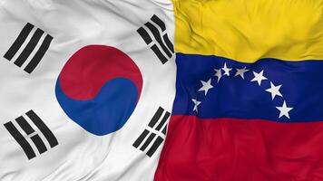 sur Corea y bolivariano república de Venezuela banderas juntos sin costura bucle fondo, serpenteado bache textura paño ondulación lento movimiento, 3d representación video