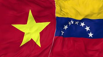 Vietnam y bolivariano república de Venezuela banderas juntos sin costura bucle fondo, serpenteado bache textura paño ondulación lento movimiento, 3d representación video