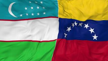 Uzbekistán y bolivariano república de Venezuela banderas juntos sin costura bucle fondo, serpenteado bache textura paño ondulación lento movimiento, 3d representación video