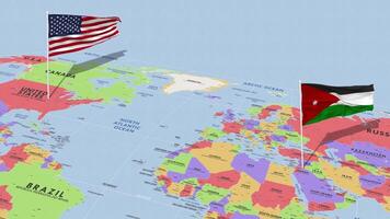 Jordán y unido estados bandera ondulación con el mundo mapa, sin costura lazo en viento, 3d representación video