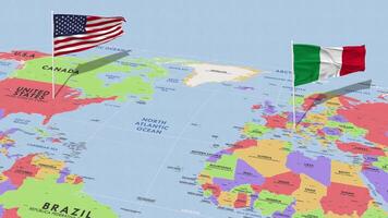 Itália e Unidos estados bandeira acenando com a mundo mapa, desatado ciclo dentro vento, 3d Renderização video