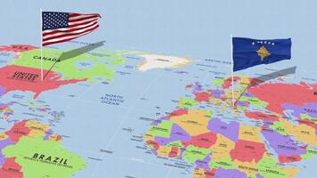 Kosovo en Verenigde staten vlag golvend met de wereld kaart, naadloos lus in wind, 3d renderen video