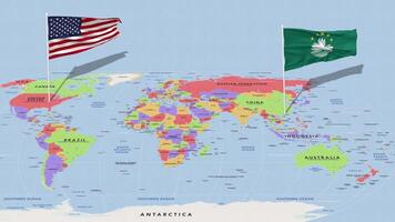 China macao, macao en Verenigde staten vlag golvend met de wereld kaart, naadloos lus in wind, 3d renderen video
