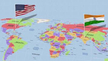 Índia e Unidos estados bandeira acenando com a mundo mapa, desatado ciclo dentro vento, 3d Renderização video