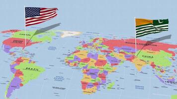 azad Jammu y cachemir, ajk y unido estados bandera ondulación con el mundo mapa, sin costura lazo en viento, 3d representación video