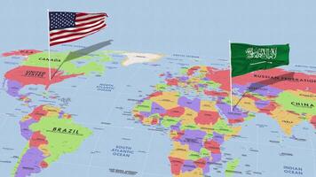 ksa, Reino de saudi arabia y unido estados bandera ondulación con el mundo mapa, sin costura lazo en viento, 3d representación video