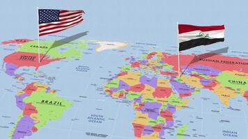 Irak en Verenigde staten vlag golvend met de wereld kaart, naadloos lus in wind, 3d renderen video