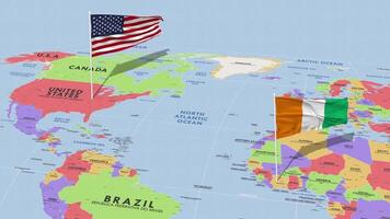 Marfil costa y unido estados bandera ondulación con el mundo mapa, sin costura lazo en viento, 3d representación video