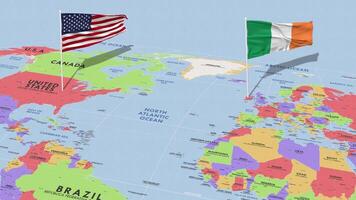 Irlanda y unido estados bandera ondulación con el mundo mapa, sin costura lazo en viento, 3d representación video