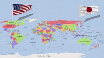 Japan and United States Flag Waving with The World Map, Seamless Loop in Wind, 3D Rendering video