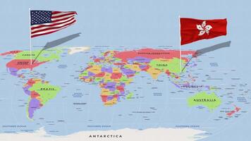 Hong Kong and United States Flag Waving with The World Map, Seamless Loop in Wind, 3D Rendering video