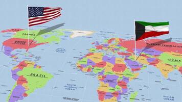 Kuwait e Unidos estados bandeira acenando com a mundo mapa, desatado ciclo dentro vento, 3d Renderização video