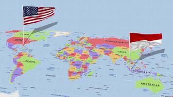 Indonésia e Unidos estados bandeira acenando com a mundo mapa, desatado ciclo dentro vento, 3d Renderização video