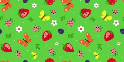 Seamless pattern with summer flowers butterflies, berries, daisies. Abstract baby print. Vector graphics.