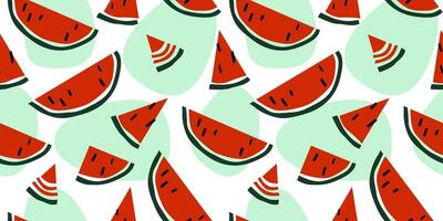 Seamless pattern with slices of juicy red watermelon with black seeds. Summer abstract print. Vector graphics.