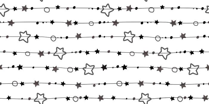 Seamless pattern with lines and stars and dots strung on them. Abstract monochrome print hand draw. Vector graphics.