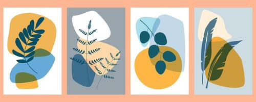 A set of abstract posters with leaves, plants, silhouettes of simple shapes. Vector graphics.