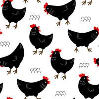 Seamless pattern with hens, roosters. Abstract print with poultry. Vector graphics.