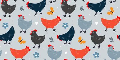 Seamless pattern with cute chickens. Summer abstract print with pet birds. Vector graphics.