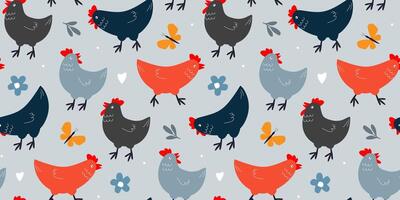 Seamless pattern with cute chickens. Summer abstract print with pet birds. Vector graphics.